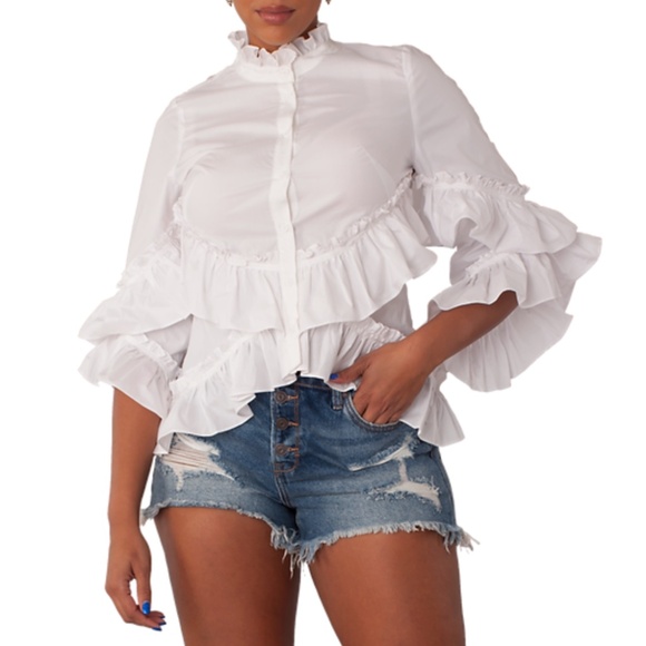 NEW White 100% Cotton Ruffle Top on sleeves and hem button front sz M - Picture 3 of 17
